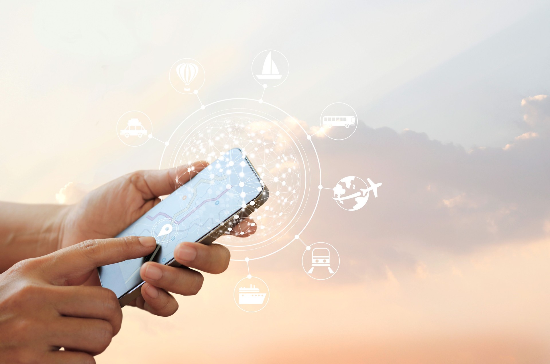Man using mobile travel online and icon network connection on screen, traveler concept, all on mobile screen are designed up