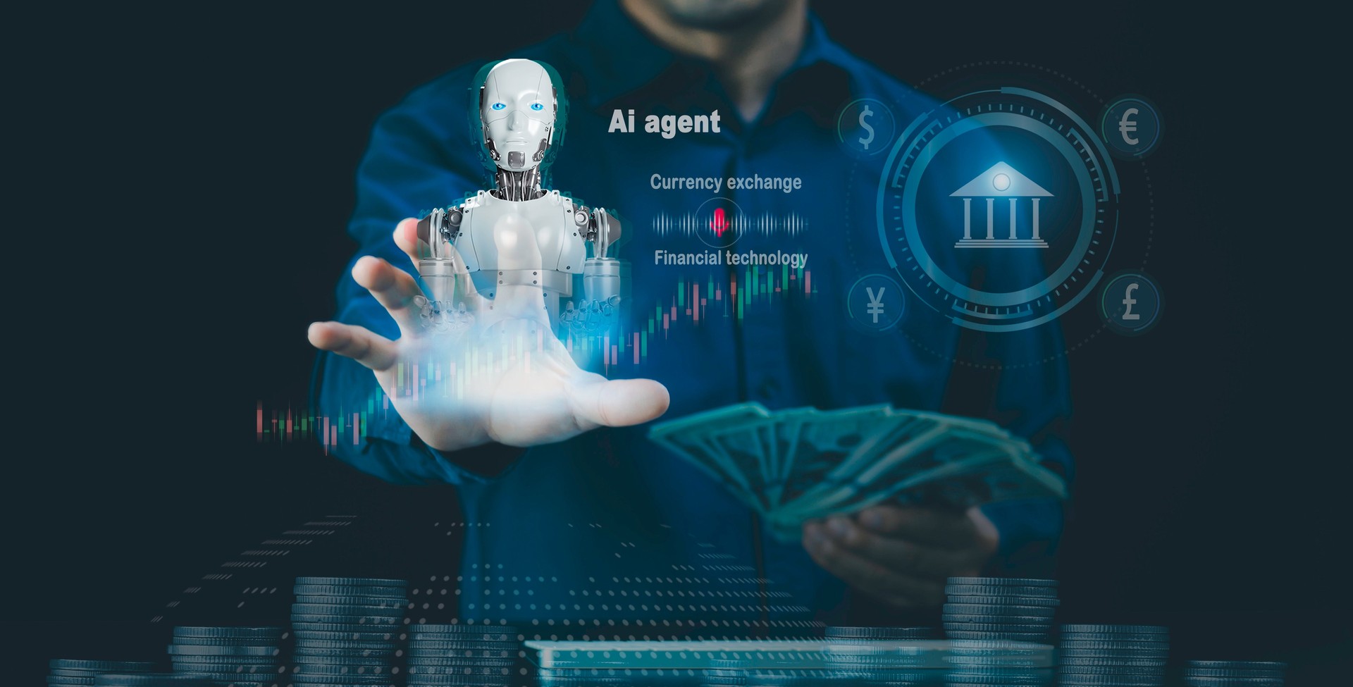 AI agents concept. Businessmen use Artificial intelligence to help Foreign currency exchange, Global currency money transfer, Digital banking networks, internet payment financial technology